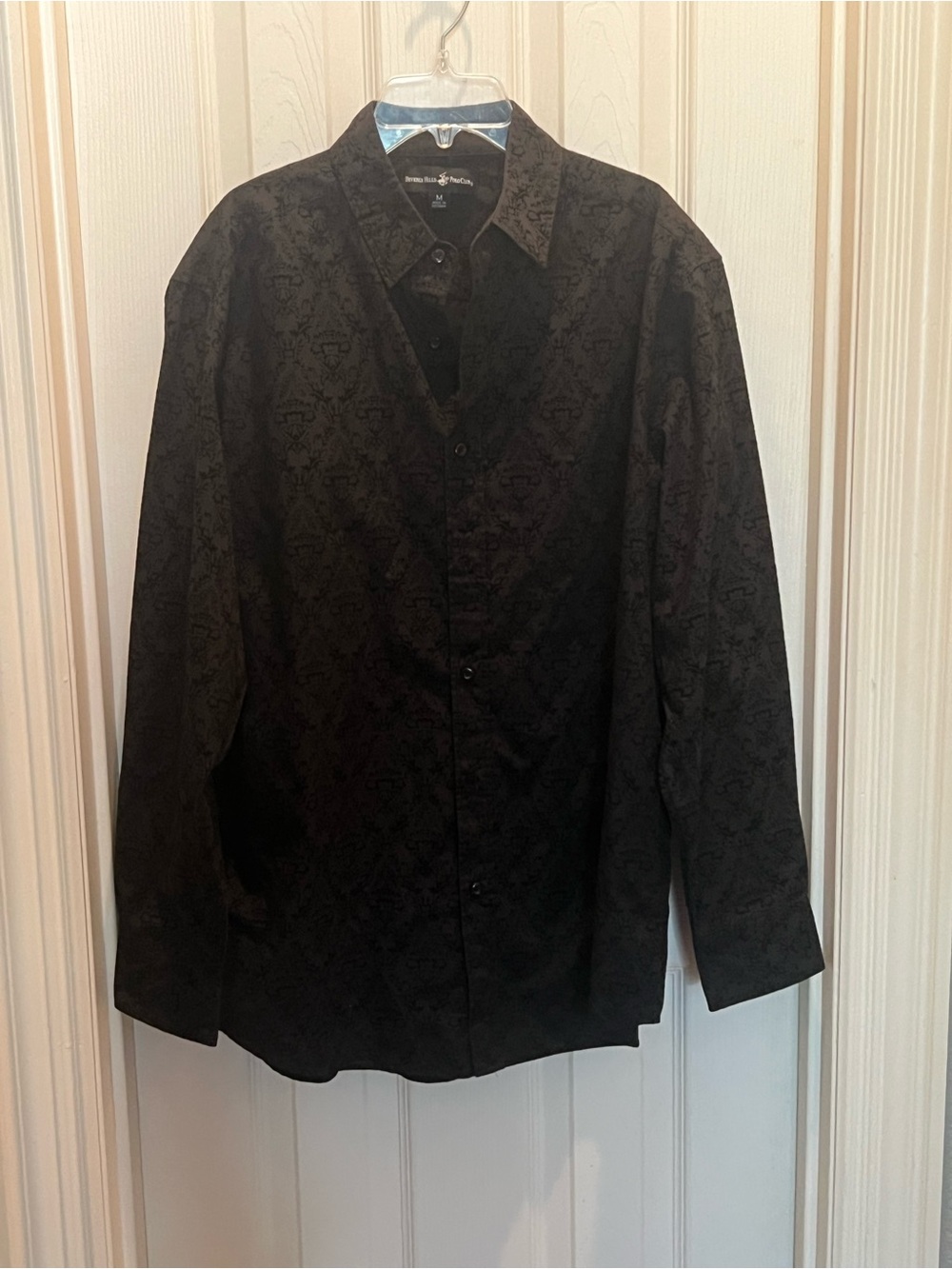 Beverly Hills Polo Club Black Velvet Jacquard Pattern Button Down